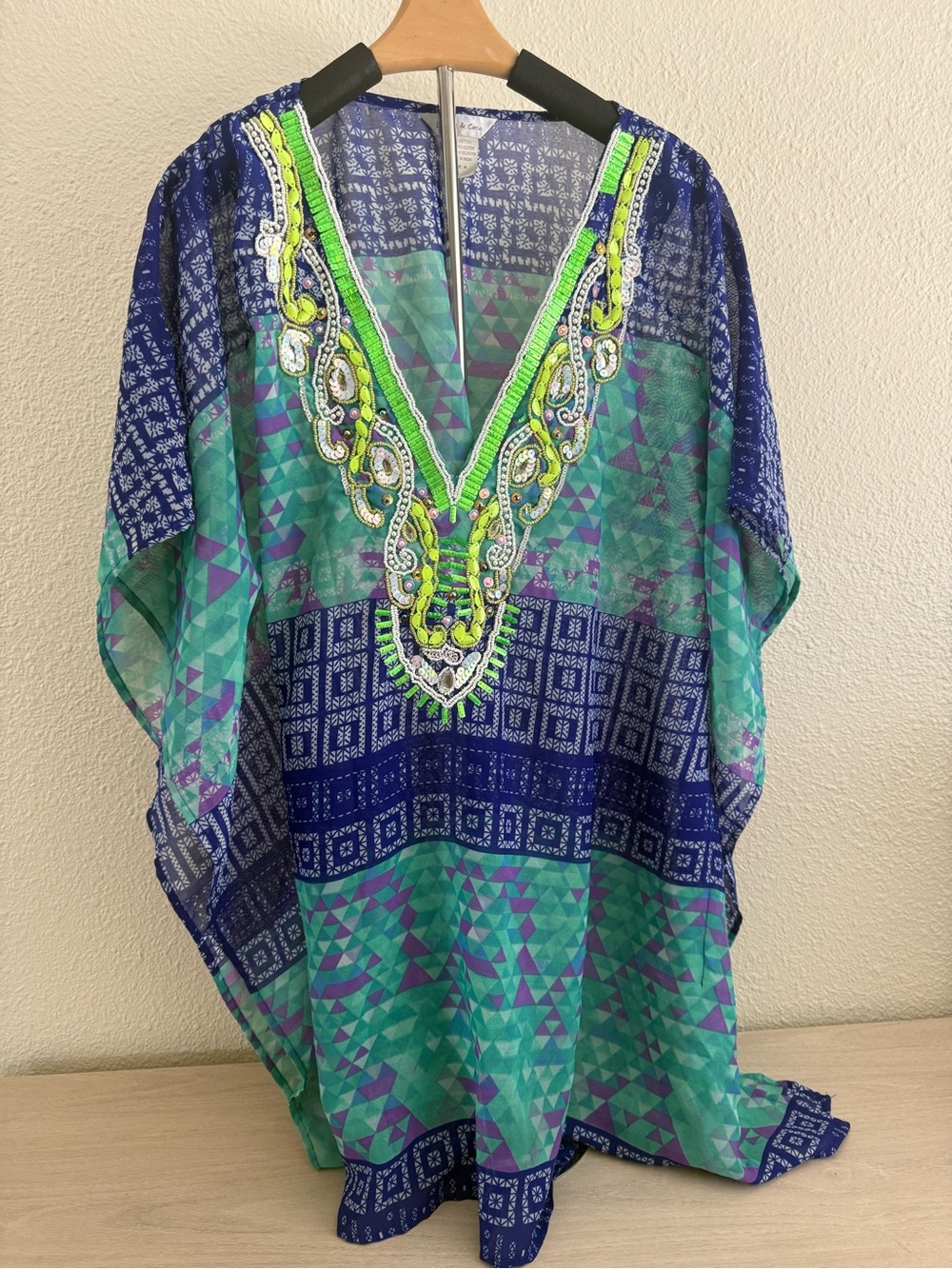 Green & Blue Embellished V-Neck Swim Coverup